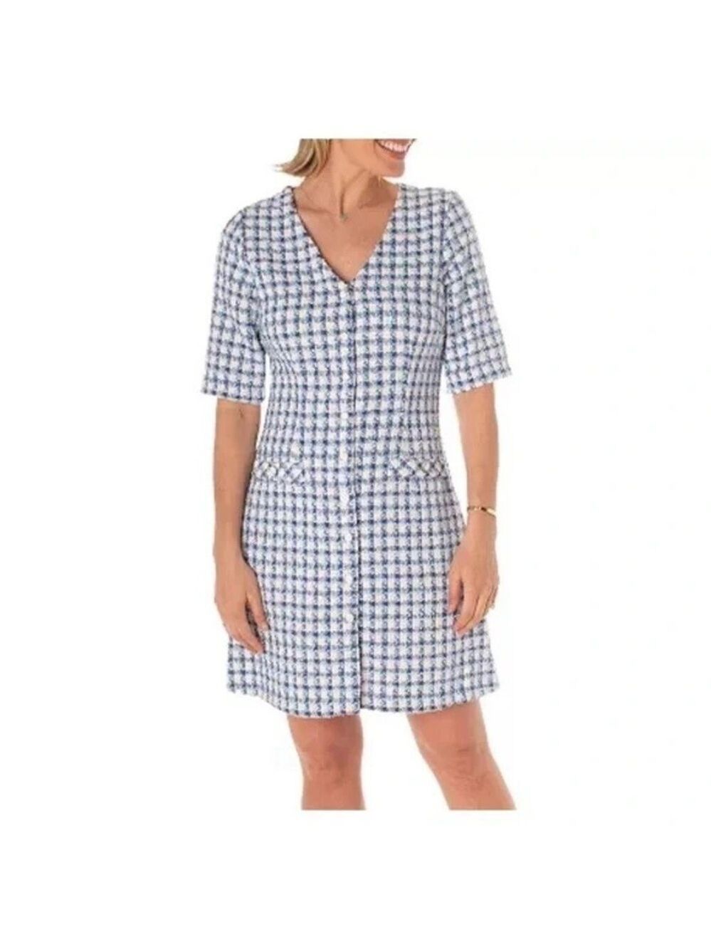 Size 6 Ladies Elegant Blue and White Plaid Mini Dress